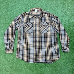 VTG Carhartt Loose Fit Heavy Flannel XL Yellow Gray Plaid Distressed Wrists